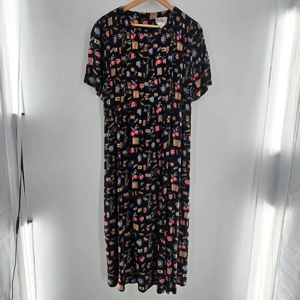 R+K Originals Womens‎ Size 16  Black Floral Midi Dress Short Sleeve Cottagecore